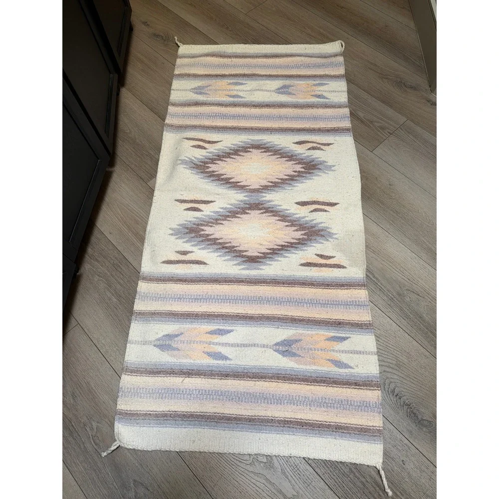 Southwestern Zapotec Handwoven Wool Runner Rug Pastel Geometric Diamond 28x64